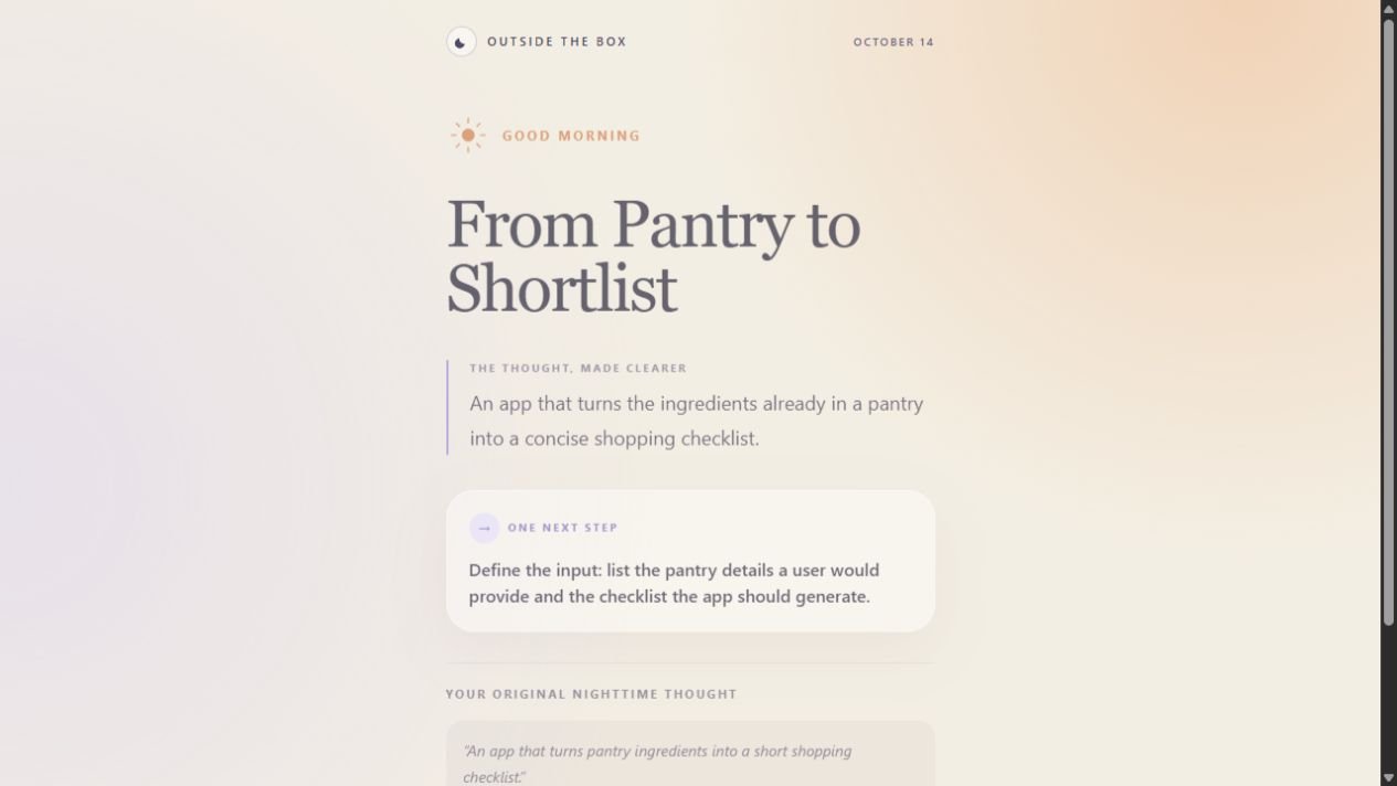 Outside the Box nighttime thought capture and morning review — app preview