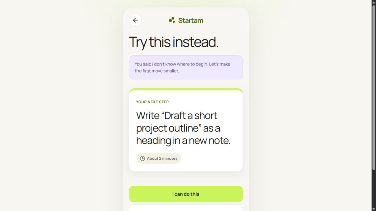 Startam small first steps and task-start commitments — app preview
